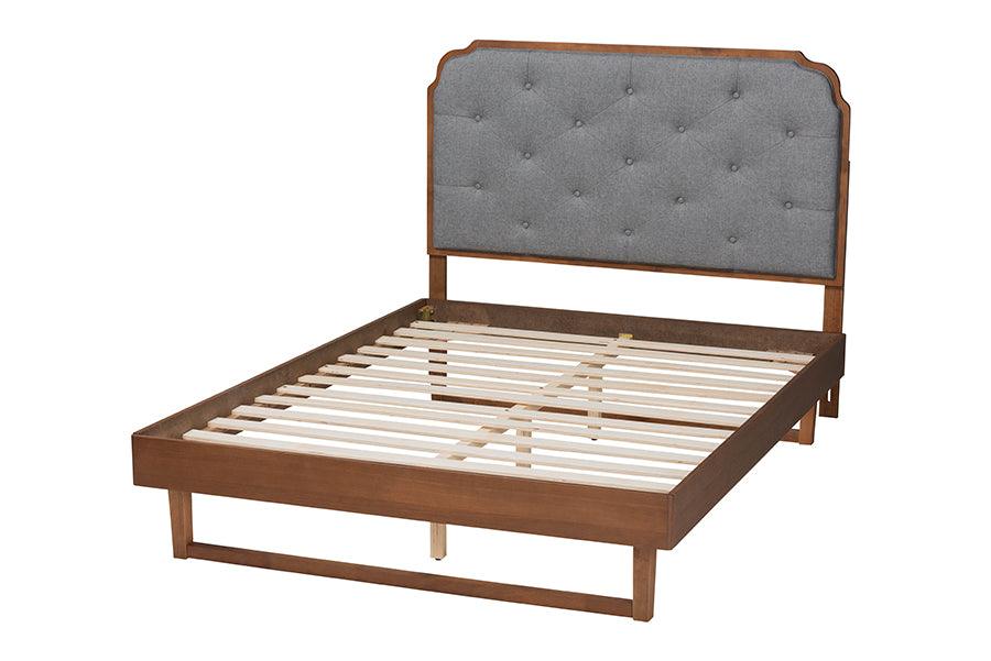 Baxton Studio Roald Mid-Century Modern Grey Fabric and Walnut Brown Wood King Size Platform Bed FredCo