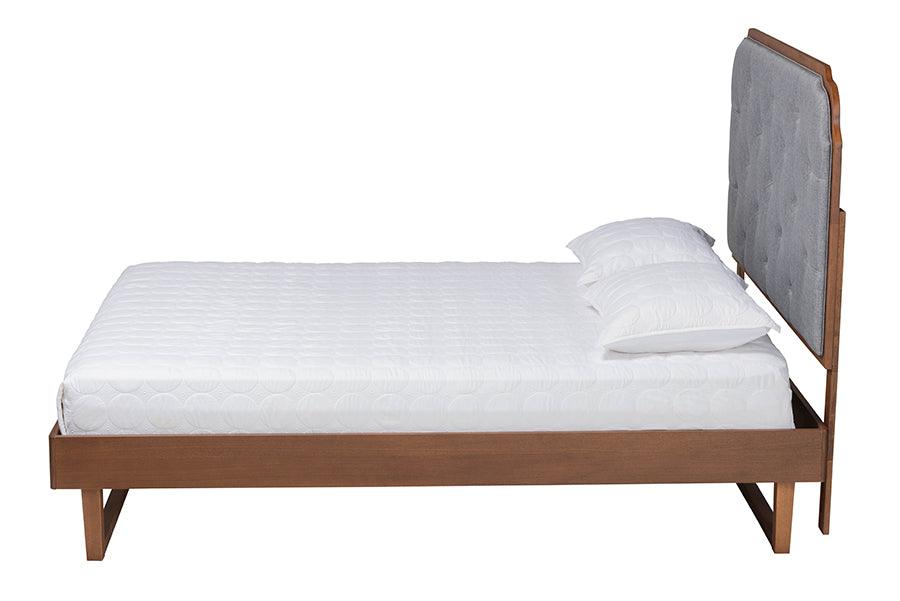Baxton Studio Roald Mid-Century Modern Grey Fabric and Walnut Brown Wood Queen Size Platform Bed FredCo