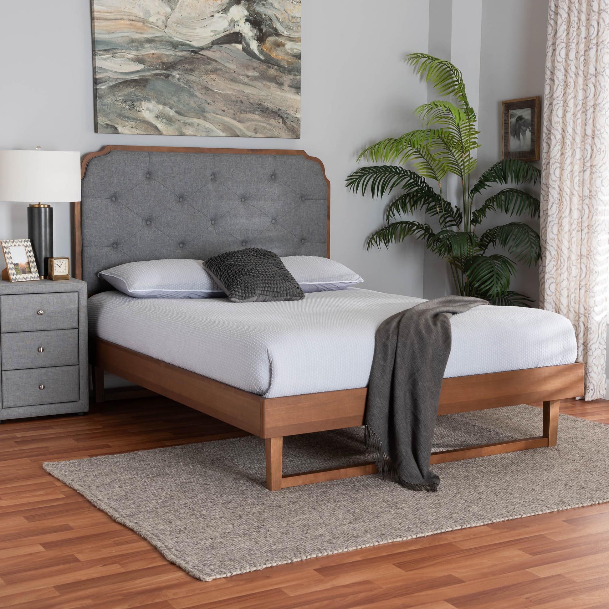 Baxton Studio Roald Mid-Century Modern Grey Fabric and Walnut Brown Wood Queen Size Platform Bed FredCo