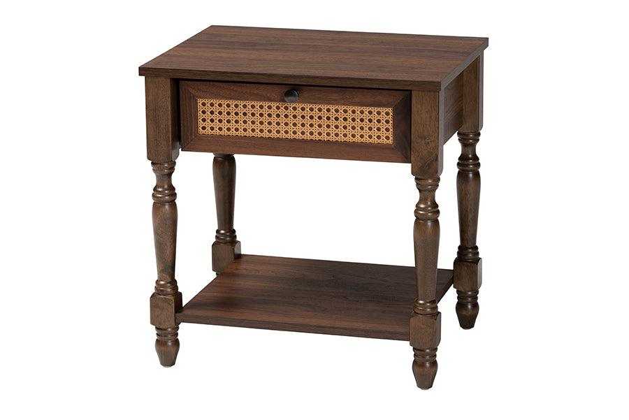 Baxton Studio Roden Transitional Dark Brown Nightstand with Rattan FredCo