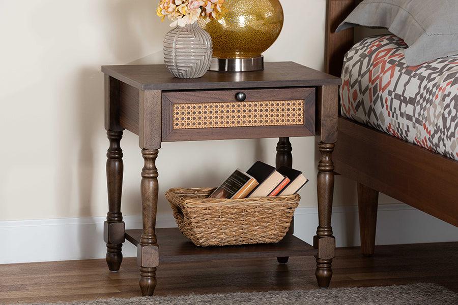 Baxton Studio Roden Transitional Dark Brown Nightstand with Rattan FredCo