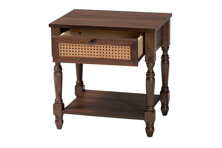 Baxton Studio Roden Transitional Dark Brown Nightstand with Rattan FredCo