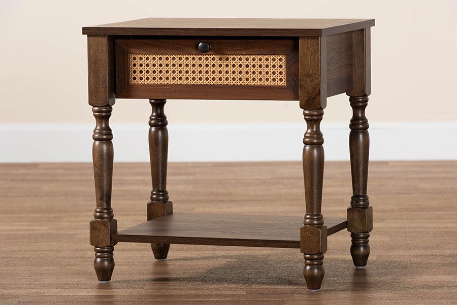 Baxton Studio Roden Transitional Dark Brown Nightstand with Rattan FredCo