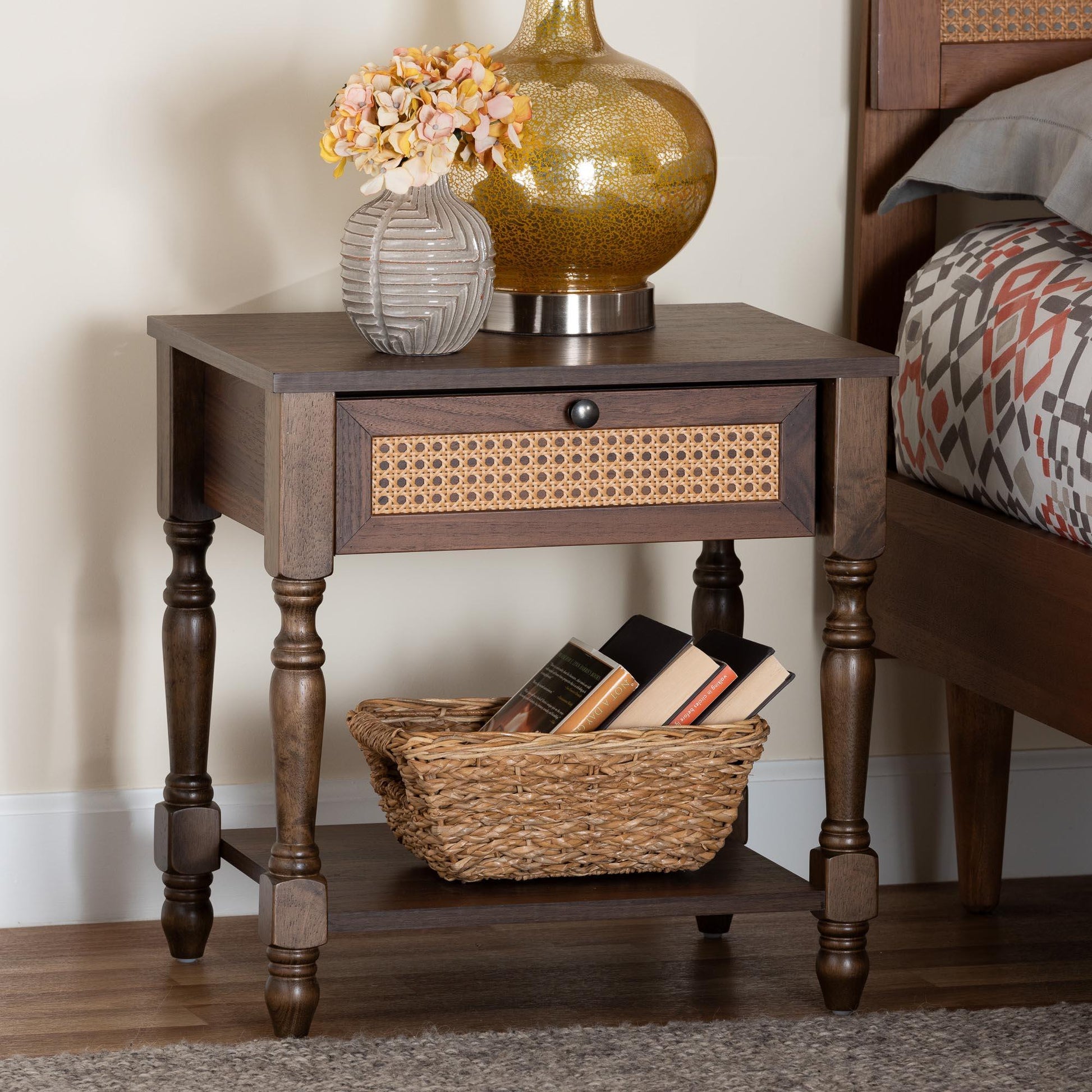 Baxton Studio Roden Transitional Dark Brown Nightstand with Rattan FredCo