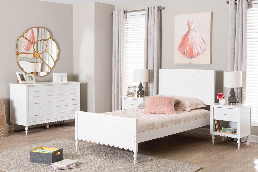 Baxton Studio Roni Modern White Scalloped Wood 4-Piece Full Bedroom Set with Two Nightstands FredCo