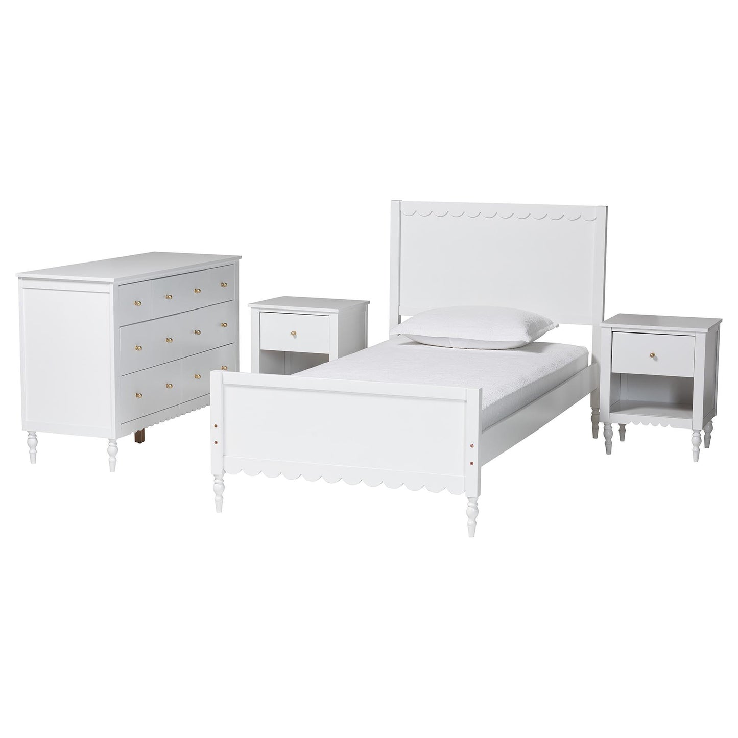 Baxton Studio Roni Modern White Scalloped Wood 4-Piece Full Bedroom Set with Two Nightstands FredCo