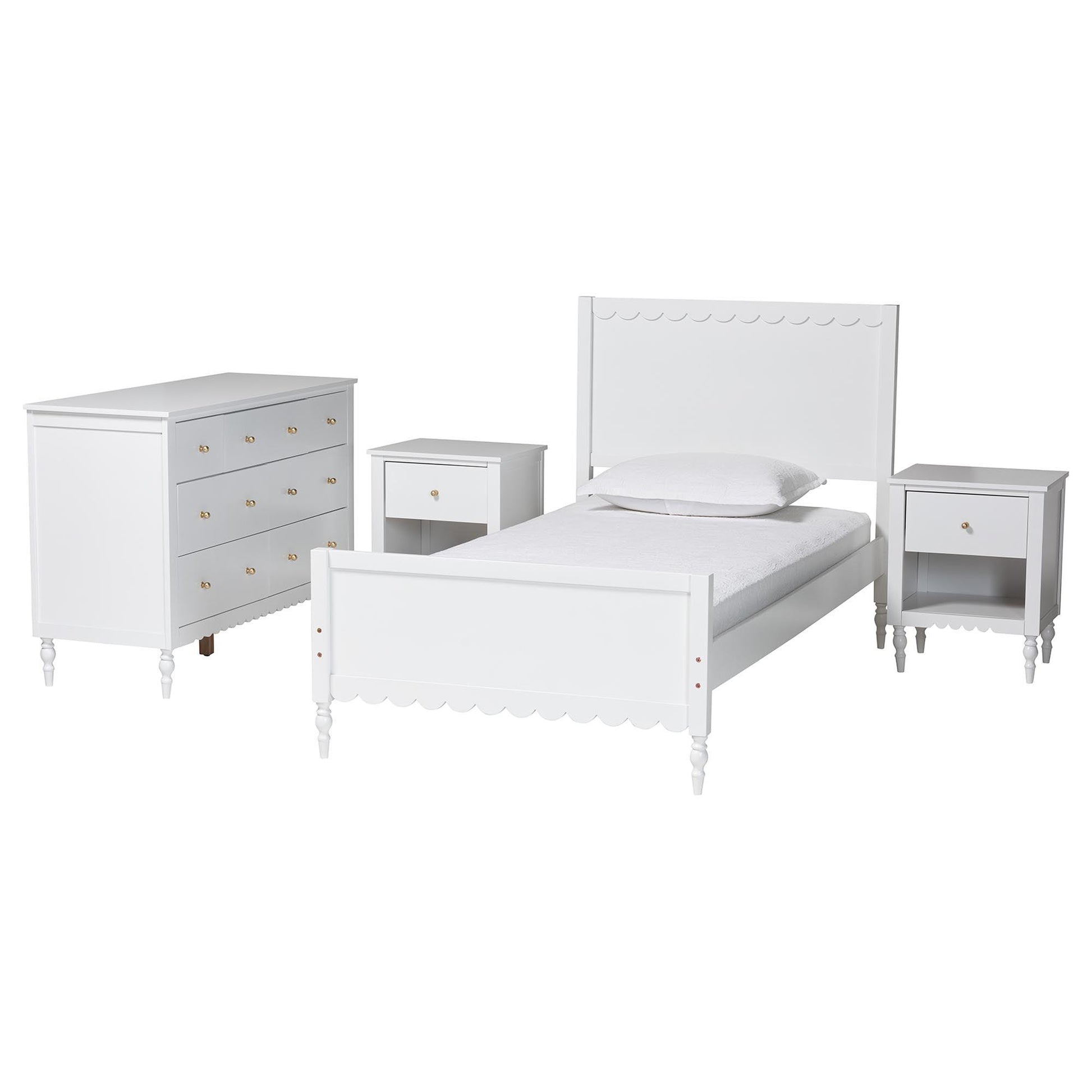 Baxton Studio Roni Modern White Scalloped Wood 4-Piece Full Bedroom Set with Two Nightstands FredCo