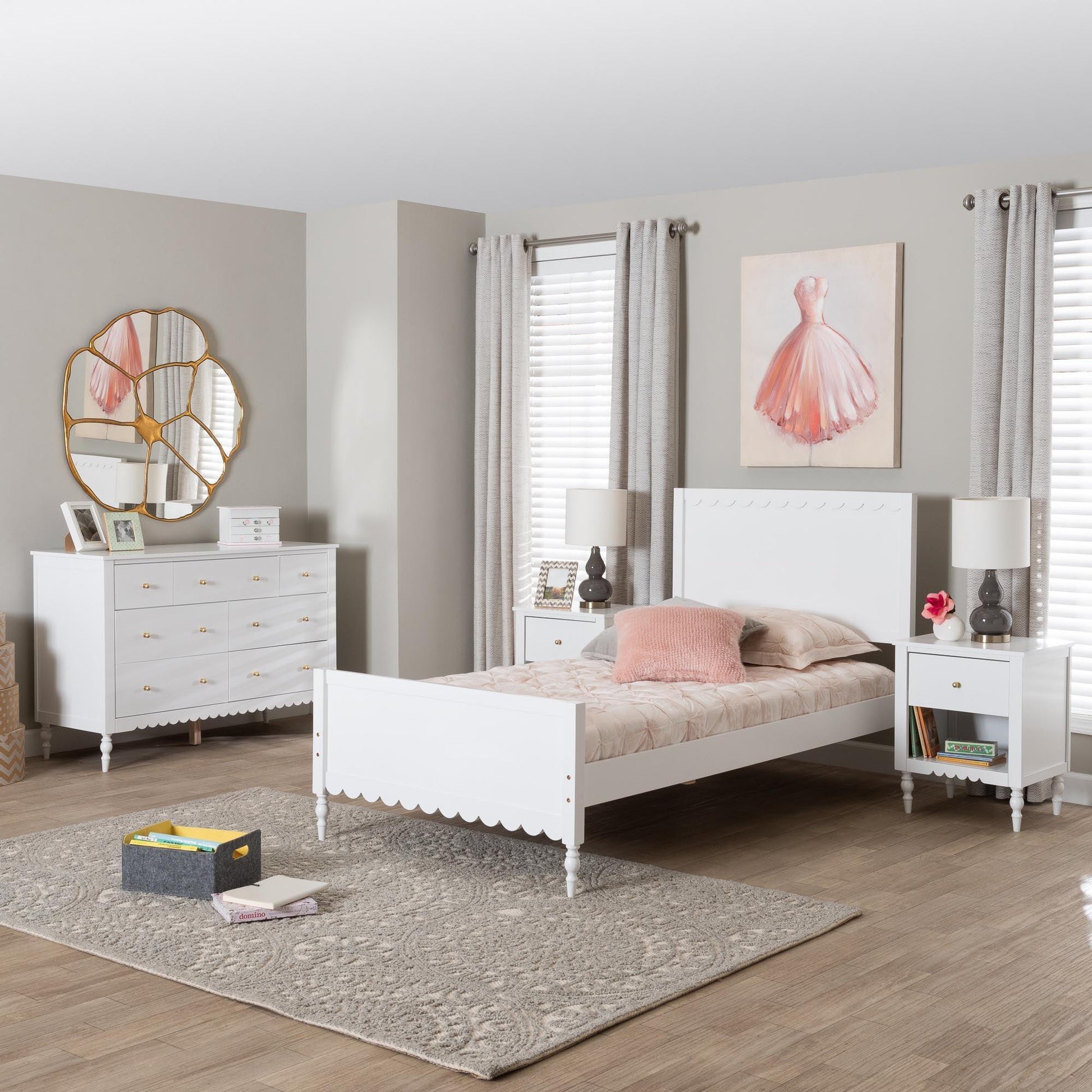 Baxton Studio Roni Modern White Scalloped Wood 4-Piece Twin Bedroom Set with Two Nightstands FredCo