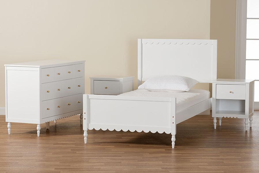 Baxton Studio Roni Modern White Scalloped Wood 4-Piece Twin Bedroom Set with Two Nightstands FredCo