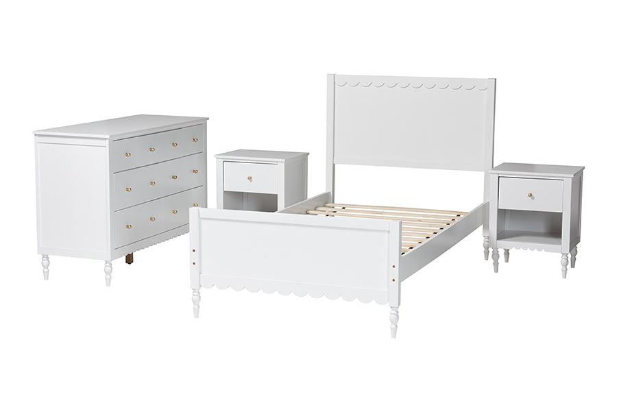 Baxton Studio Roni Modern White Scalloped Wood 4-Piece Twin Bedroom Set with Two Nightstands FredCo