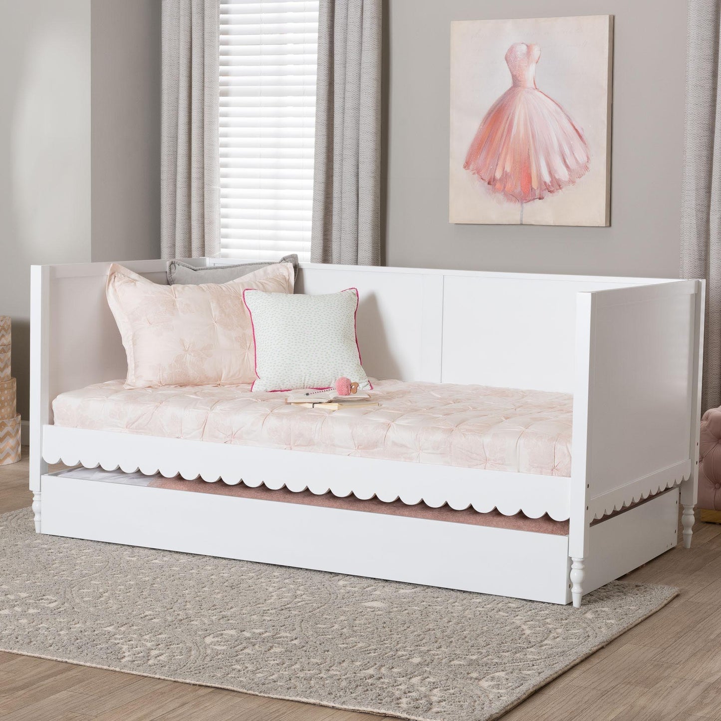 Baxton Studio Roni Modern White Scalloped Wood Twin Daybed with Trundle FredCo