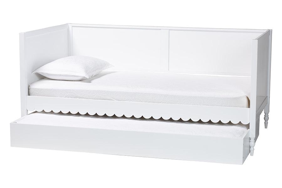 Baxton Studio Roni Modern White Scalloped Wood Twin Daybed with Trundle FredCo