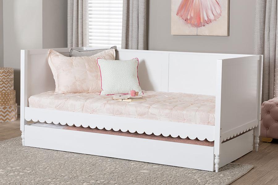 Baxton Studio Roni Modern White Scalloped Wood Twin Daybed with Trundle FredCo