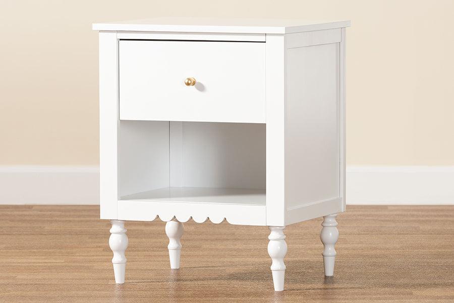 Baxton Studio Roni Modern White Wood 1-Drawer Nightstand with Scalloped Edges FredCo