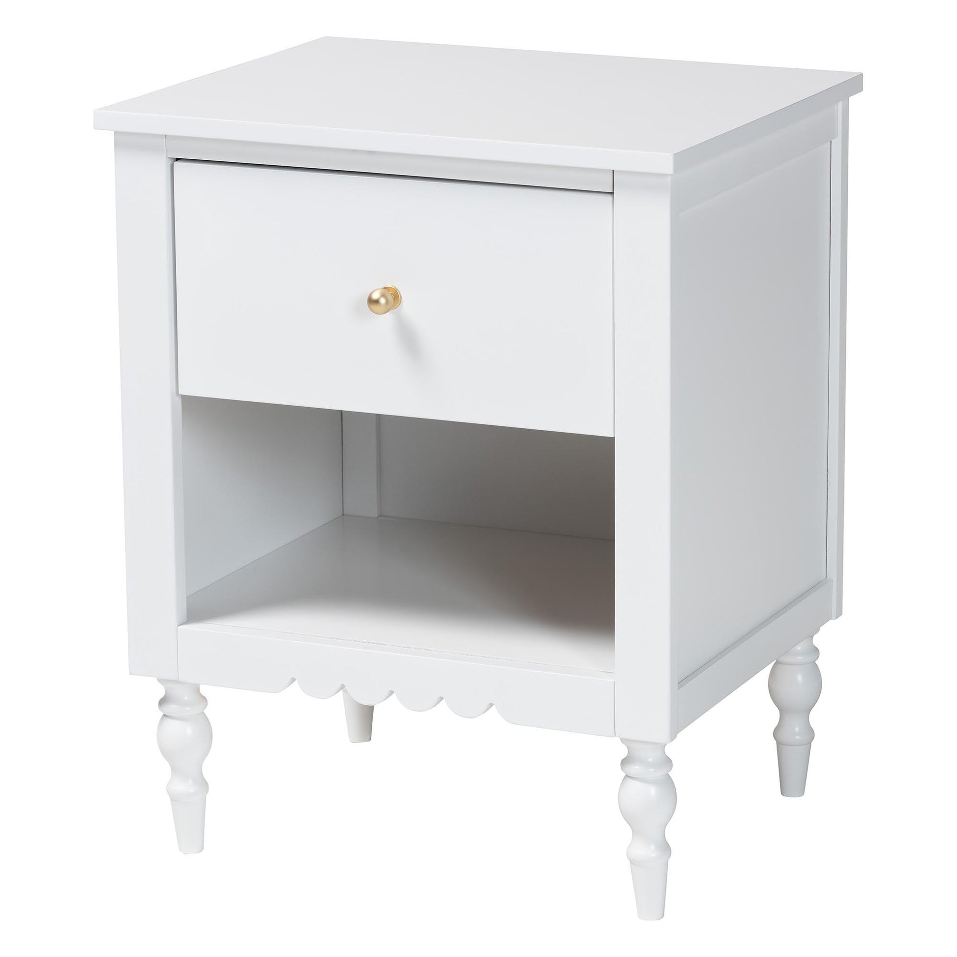 Baxton Studio Roni Modern White Wood 1-Drawer Nightstand with Scalloped Edges FredCo