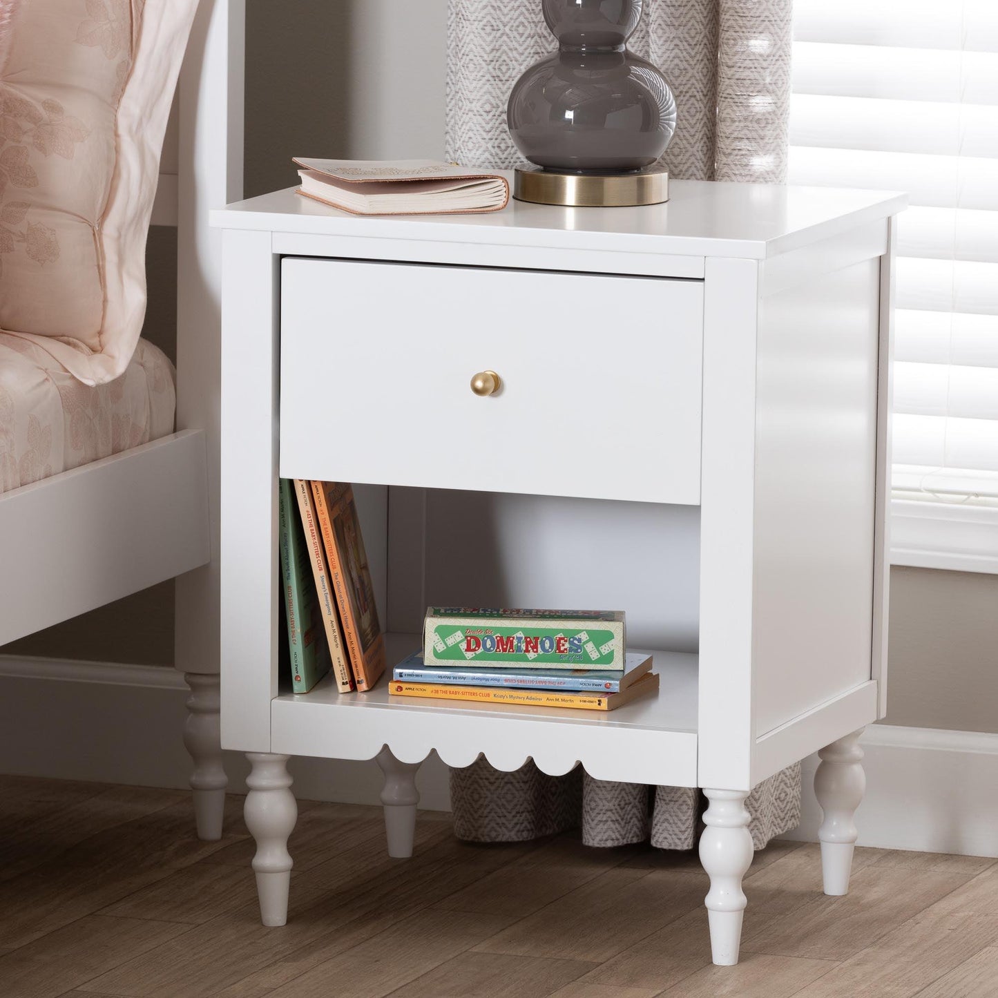Baxton Studio Roni Modern White Wood 1-Drawer Nightstand with Scalloped Edges FredCo