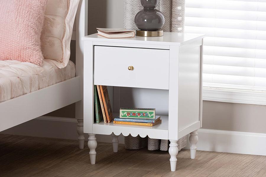 Baxton Studio Roni Modern White Wood 1-Drawer Nightstand with Scalloped Edges FredCo