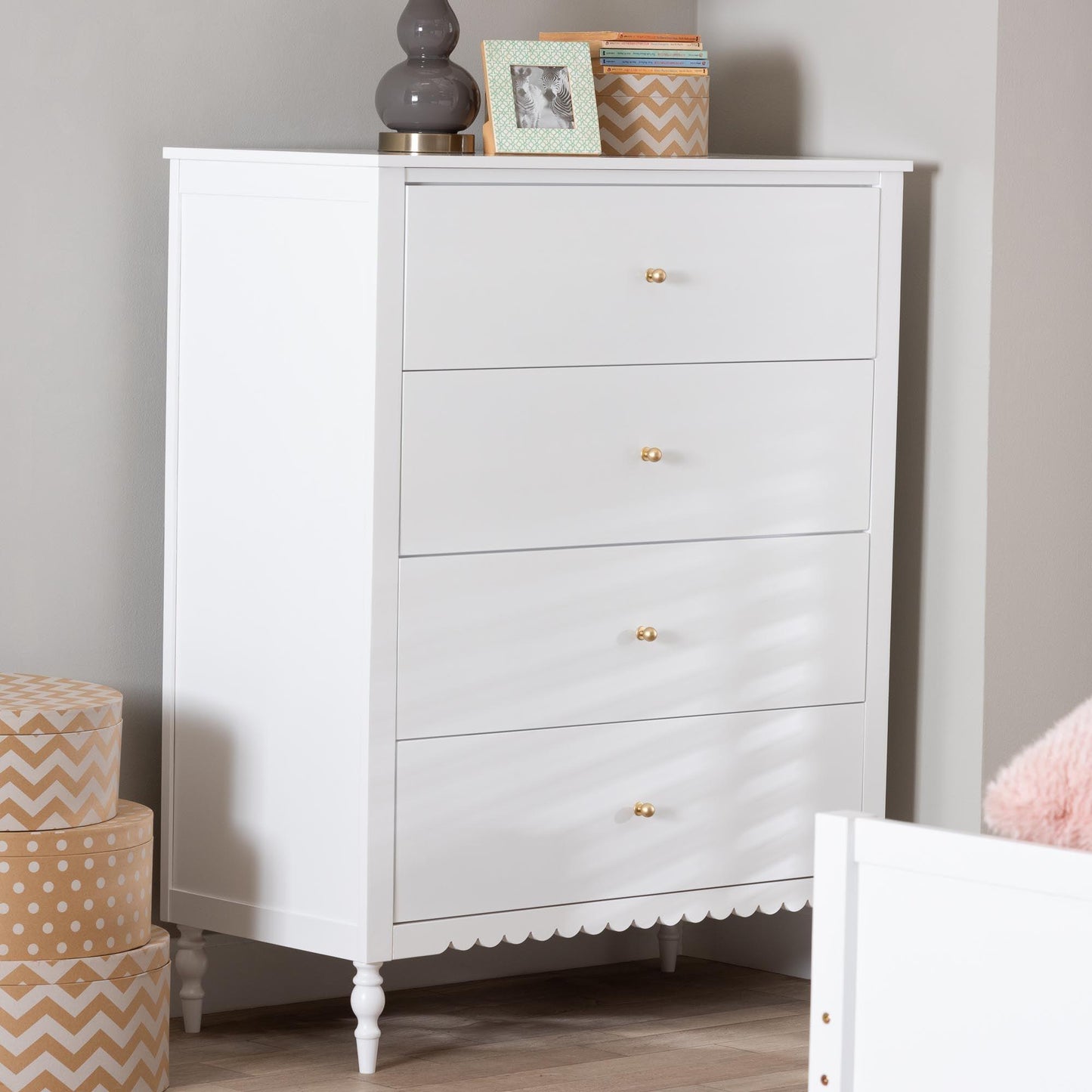 Baxton Studio Roni Modern White Wood 4-Drawer Chest with Scalloped Edges FredCo