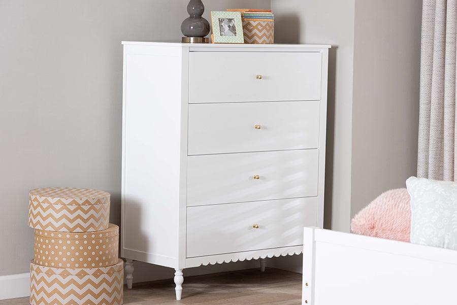 Baxton Studio Roni Modern White Wood 4-Drawer Chest with Scalloped Edges FredCo