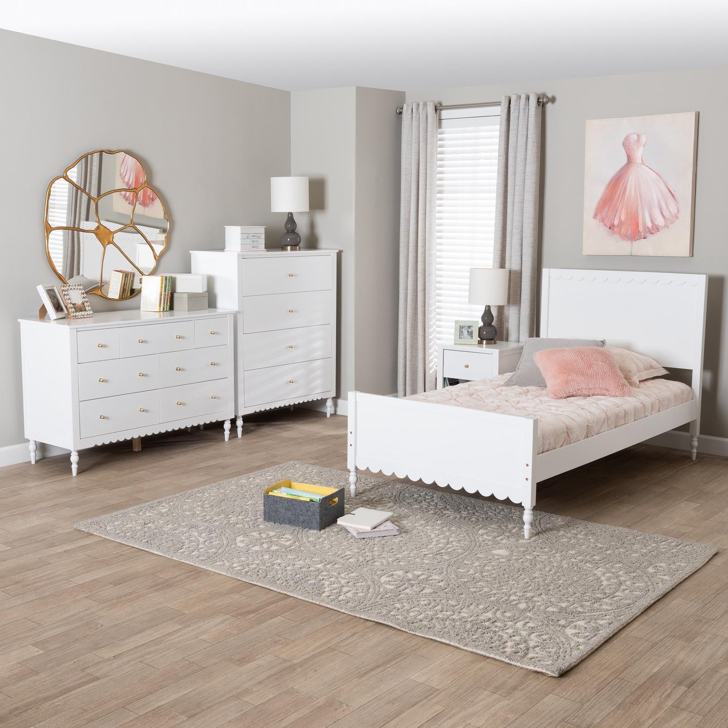 Baxton Studio Roni Modern White Wood 4-Piece Twin Bedroom Set with Scalloped Edges FredCo