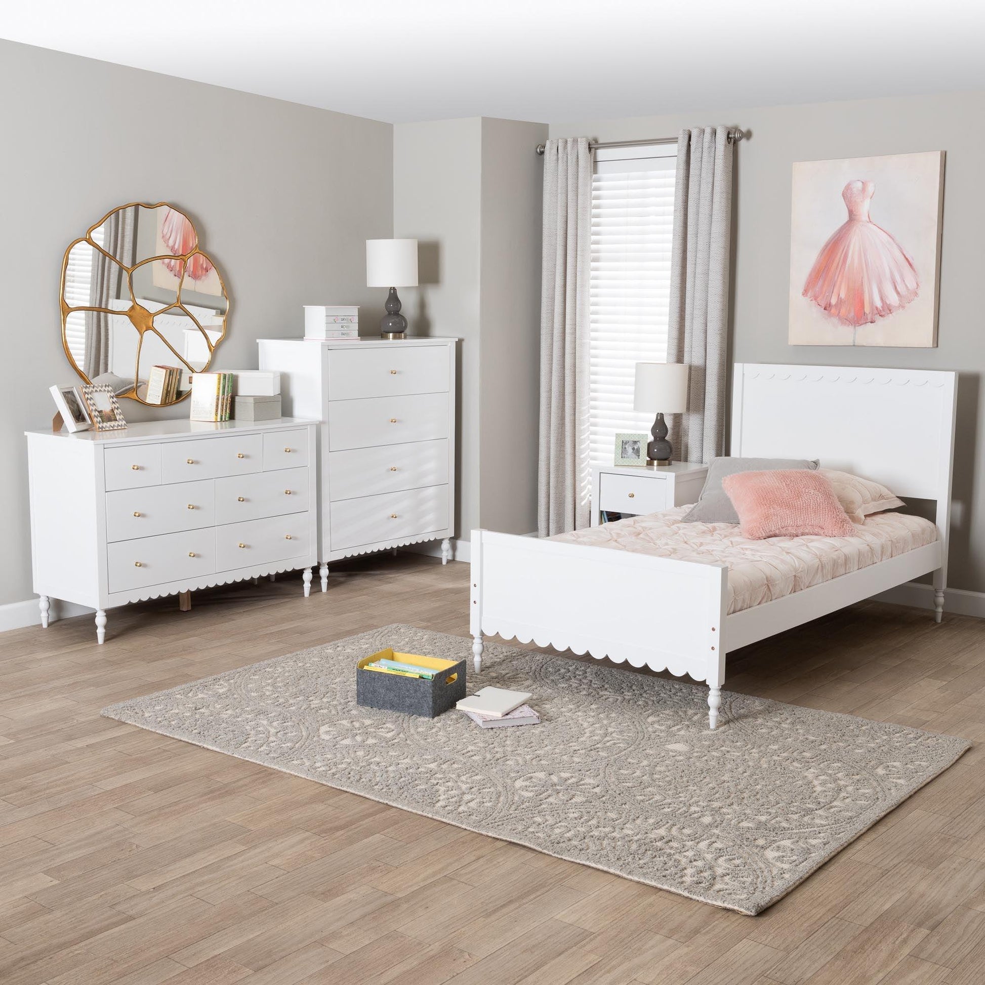 Baxton Studio Roni Modern White Wood 4-Piece Twin Bedroom Set with Scalloped Edges FredCo