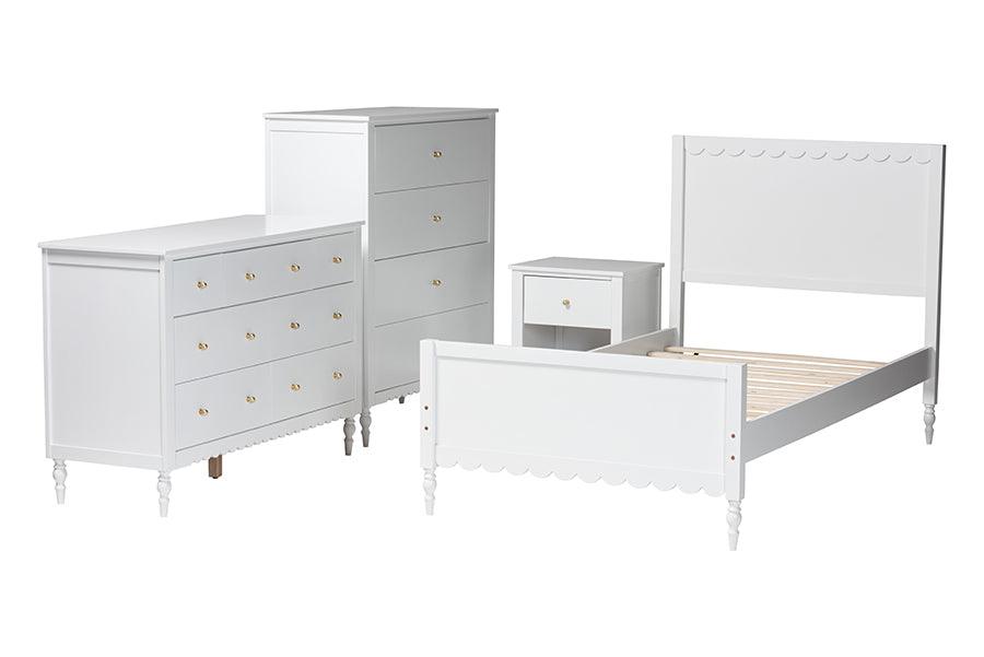 Baxton Studio Roni Modern White Wood 4-Piece Twin Bedroom Set with Scalloped Edges FredCo