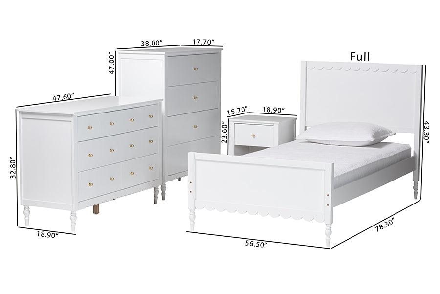 Baxton Studio Roni Modern White Wood 4-Piece Twin Bedroom Set with Scalloped Edges FredCo