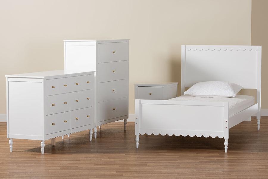 Baxton Studio Roni Modern White Wood 4-Piece Twin Bedroom Set with Scalloped Edges FredCo
