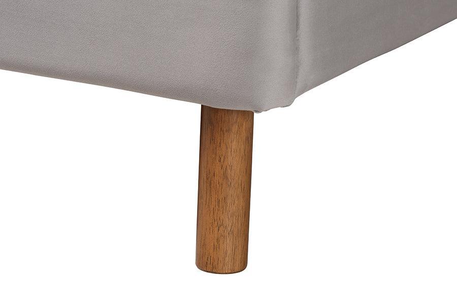 Baxton Studio Rosita Mid-Century Modern Transitional Light Grey Velvet Fabric and Walnut Brown Finished Wood Queen Size Platform Bed FredCo