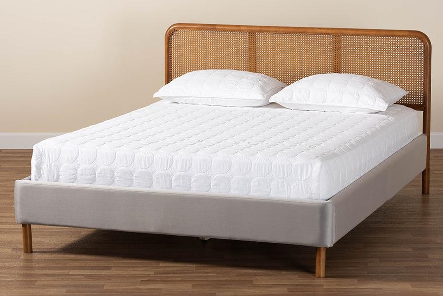 Baxton Studio Rosita Mid-Century Modern Transitional Light Grey Velvet Fabric and Walnut Brown Finished Wood Queen Size Platform Bed FredCo