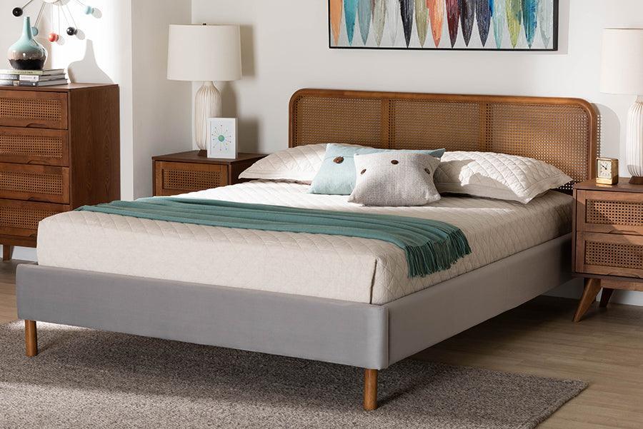Baxton Studio Rosita Mid-Century Modern Transitional Light Grey Velvet Fabric and Walnut Brown Finished Wood Queen Size Platform Bed FredCo