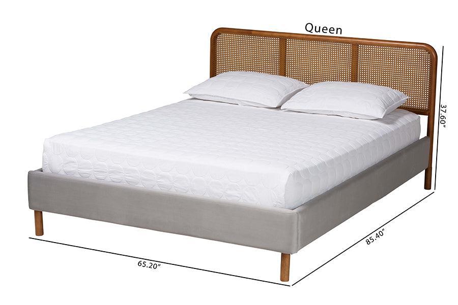 Baxton Studio Rosita Mid-Century Modern Transitional Light Grey Velvet Fabric and Walnut Brown Finished Wood Queen Size Platform Bed FredCo