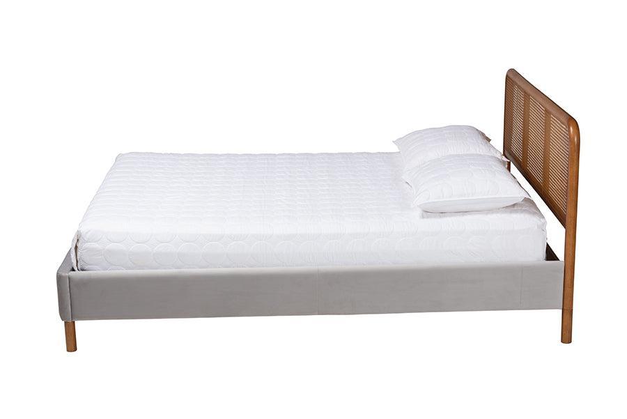 Baxton Studio Rosita Mid-Century Modern Transitional Light Grey Velvet Fabric and Walnut Brown Finished Wood Queen Size Platform Bed FredCo