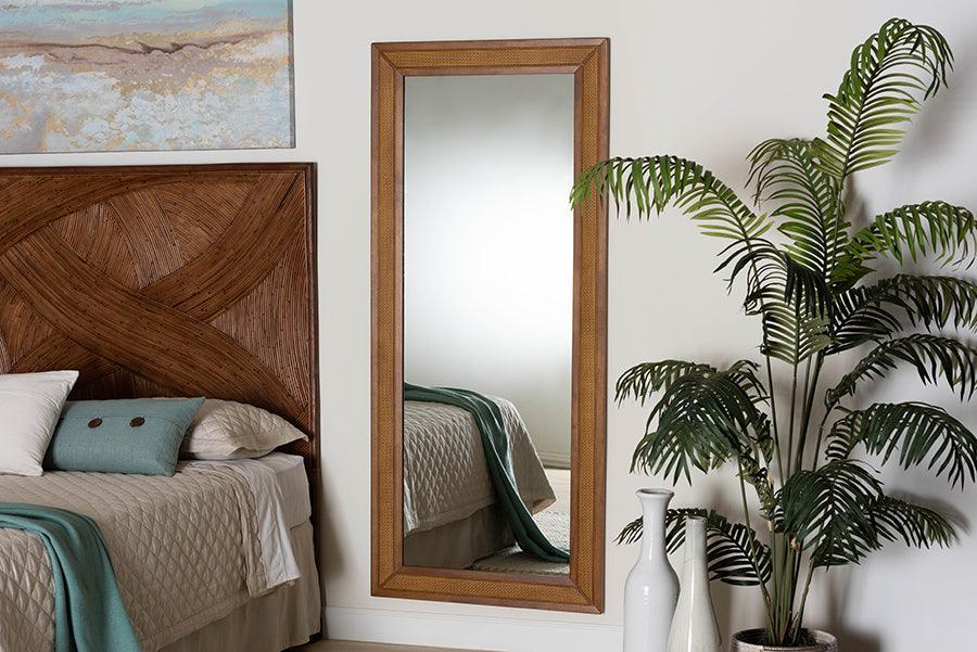 Baxton Studio Rowanne Mid-Century Modern Walnut Brown Rubberwood and Rattan Frame Wall Mirror FredCo