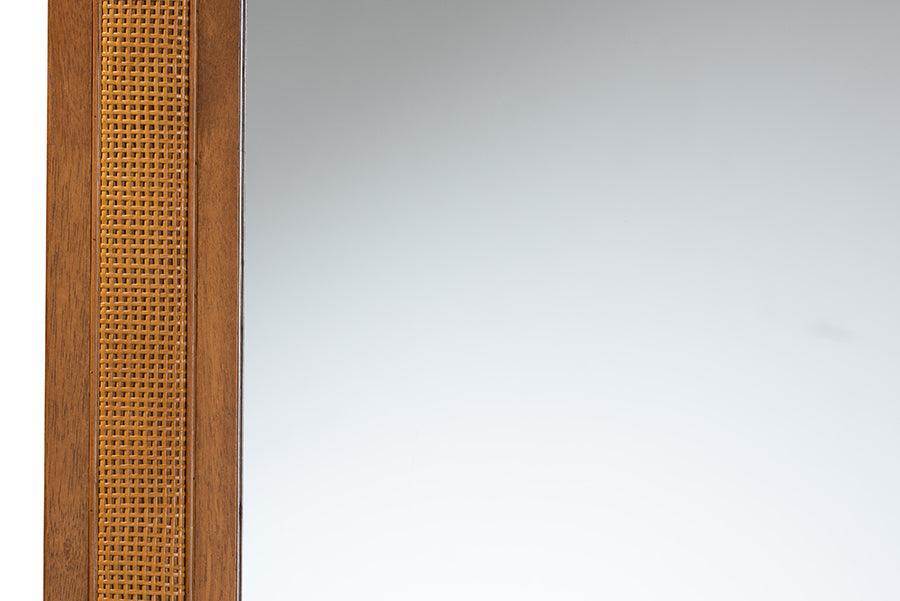 Baxton Studio Rowanne Mid-Century Modern Walnut Brown Rubberwood and Rattan Frame Wall Mirror FredCo