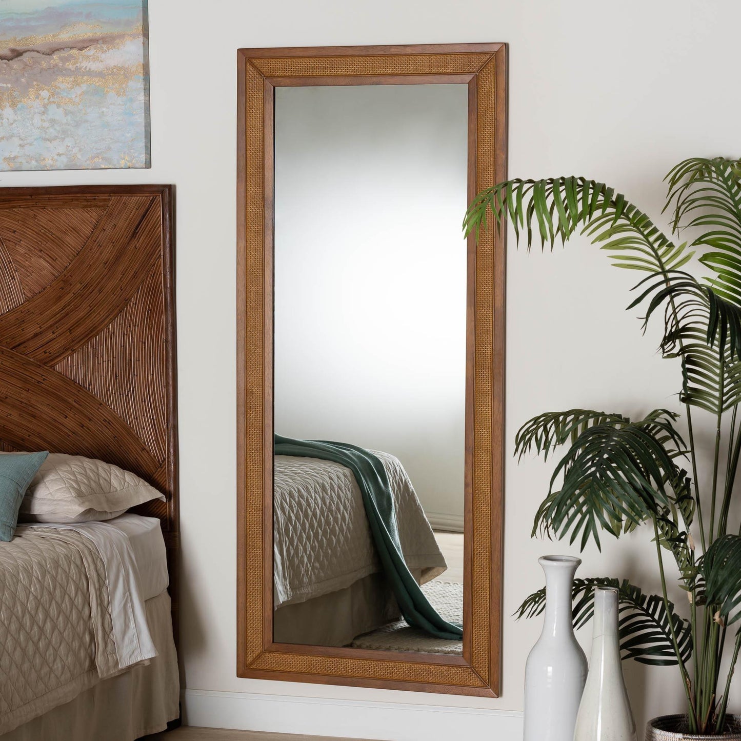 Baxton Studio Rowanne Mid-Century Modern Walnut Brown Rubberwood and Rattan Frame Wall Mirror FredCo