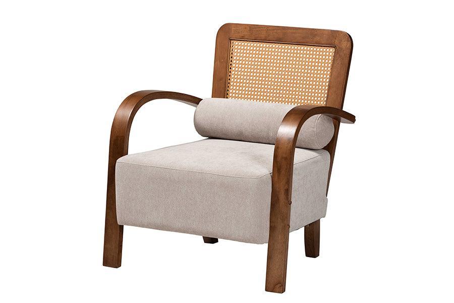 Baxton Studio Sage Modern Japandi Light Grey Fabric and Walnut Brown Finished Wood Arm Chair with Woven Rattan FredCo
