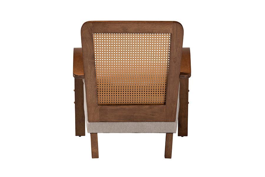 Baxton Studio Sage Modern Japandi Light Grey Fabric and Walnut Brown Finished Wood Arm Chair with Woven Rattan FredCo