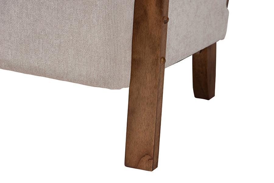 Baxton Studio Sage Modern Japandi Light Grey Fabric and Walnut Brown Finished Wood Arm Chair with Woven Rattan FredCo