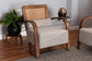 Baxton Studio Sage Modern Japandi Light Grey Fabric and Walnut Brown Finished Wood Arm Chair with Woven Rattan FredCo