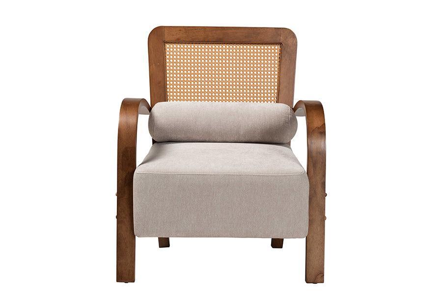 Baxton Studio Sage Modern Japandi Light Grey Fabric and Walnut Brown Finished Wood Arm Chair with Woven Rattan FredCo