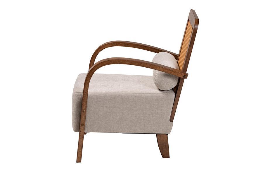 Baxton Studio Sage Modern Japandi Light Grey Fabric and Walnut Brown Finished Wood Arm Chair with Woven Rattan FredCo