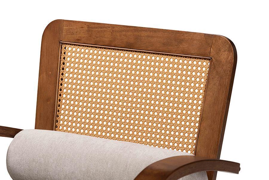 Baxton Studio Sage Modern Japandi Light Grey Fabric and Walnut Brown Finished Wood Arm Chair with Woven Rattan FredCo