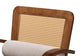 Baxton Studio Sage Modern Japandi Light Grey Fabric and Walnut Brown Finished Wood Arm Chair with Woven Rattan FredCo