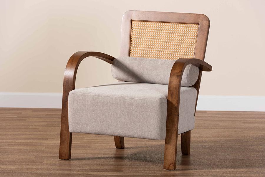 Baxton Studio Sage Modern Japandi Light Grey Fabric and Walnut Brown Finished Wood Arm Chair with Woven Rattan FredCo