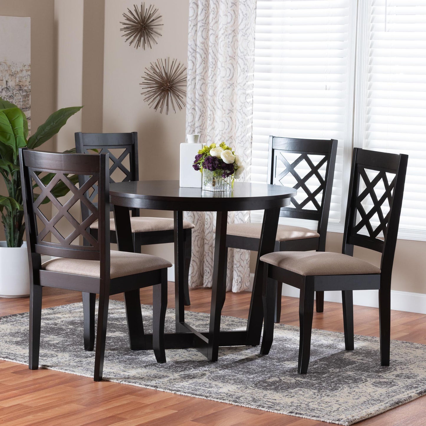 Baxton Studio Selby Modern Sand Fabric and Dark Brown Wood 5-Piece Dining Set FredCo