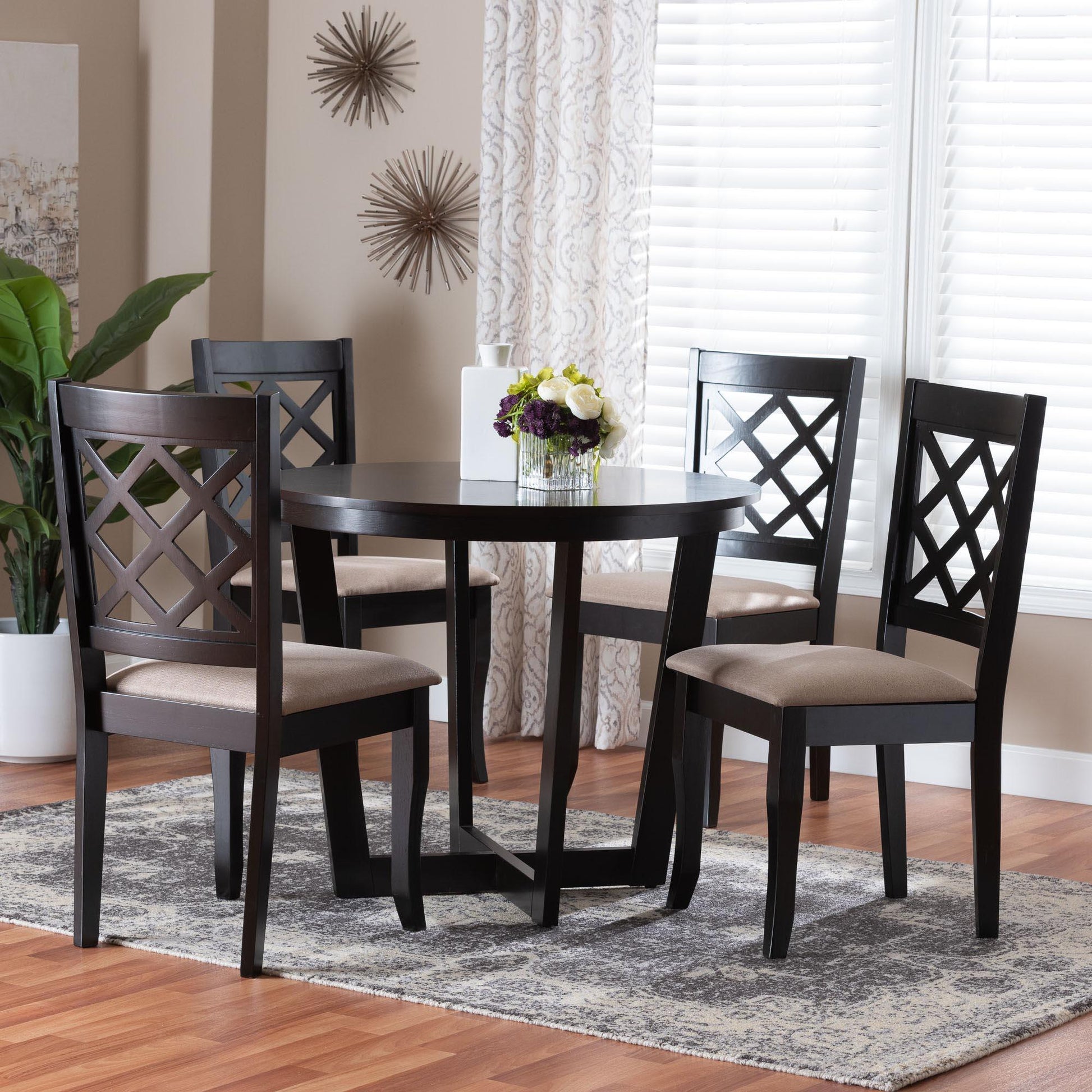 Baxton Studio Selby Modern Sand Fabric and Dark Brown Wood 5-Piece Dining Set FredCo