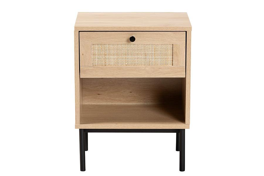 Baxton Studio Sherwin Mid-Century Modern Light Brown and Black 1-Drawer End Table with Woven Rattan Accent FredCo