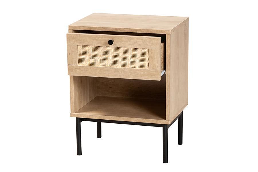 Baxton Studio Sherwin Mid-Century Modern Light Brown and Black 1-Drawer End Table with Woven Rattan Accent FredCo