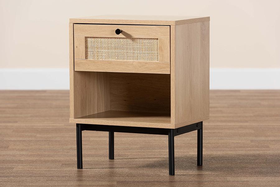 Baxton Studio Sherwin Mid-Century Modern Light Brown and Black 1-Drawer End Table with Woven Rattan Accent FredCo